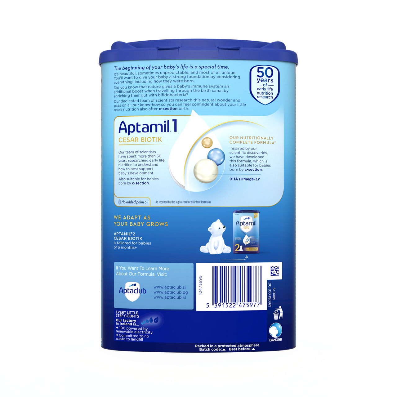 Aptamil® 1 CESAR BIOTIK Početno mleko za odojčad 800 g - zadnja strana pakovanja