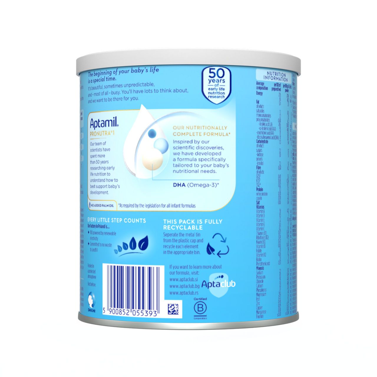 Aptamil® 1 PRONUTRA® Početno mleko za odojčad 400 g - zadnja strana pakovanja