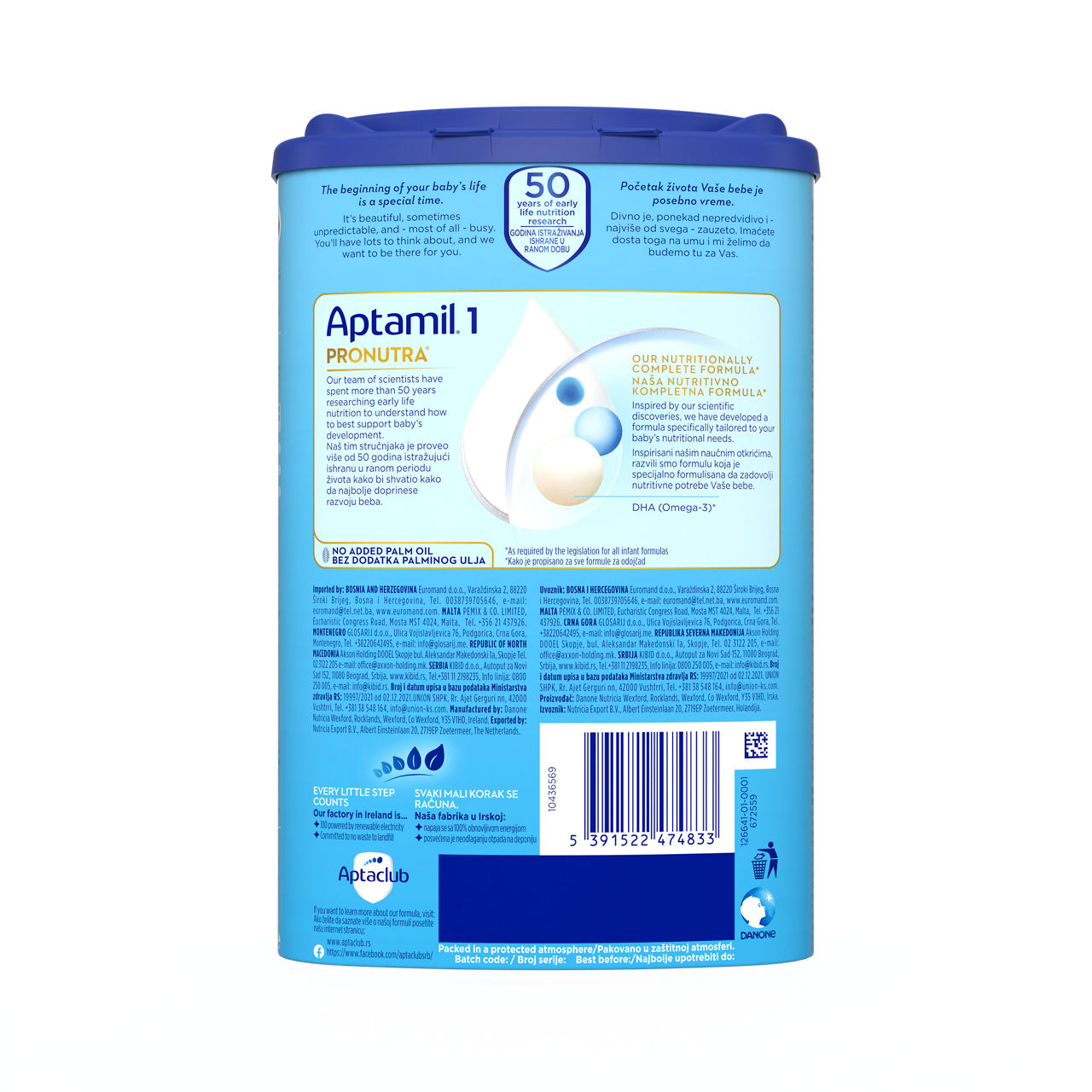 Aptamil® 1 PRONUTRA Početno mleko za odojčad 800 g - zadnja strana pakovanja
