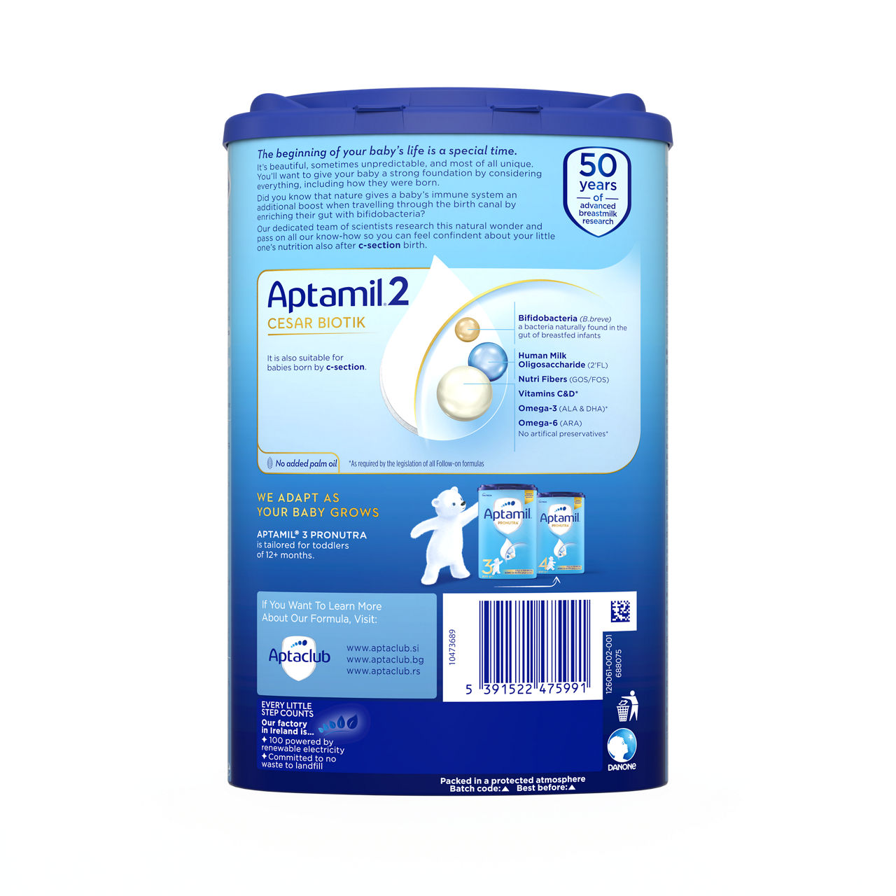 Aptamil® 2 CESAR BIOTIK Prelazno mleko za odojčad 800 g - zadnja strana pakovanja 