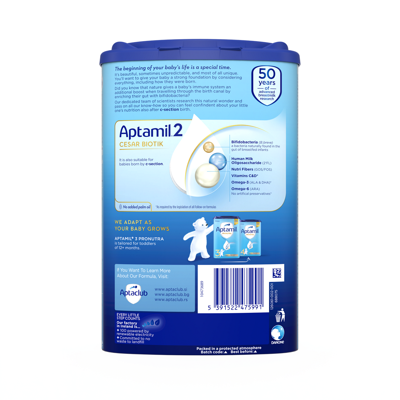 Aptamil® 2 CESAR BIOTIK Prelazno mleko za odojčad 800 g - zadnja strana pakovanja 