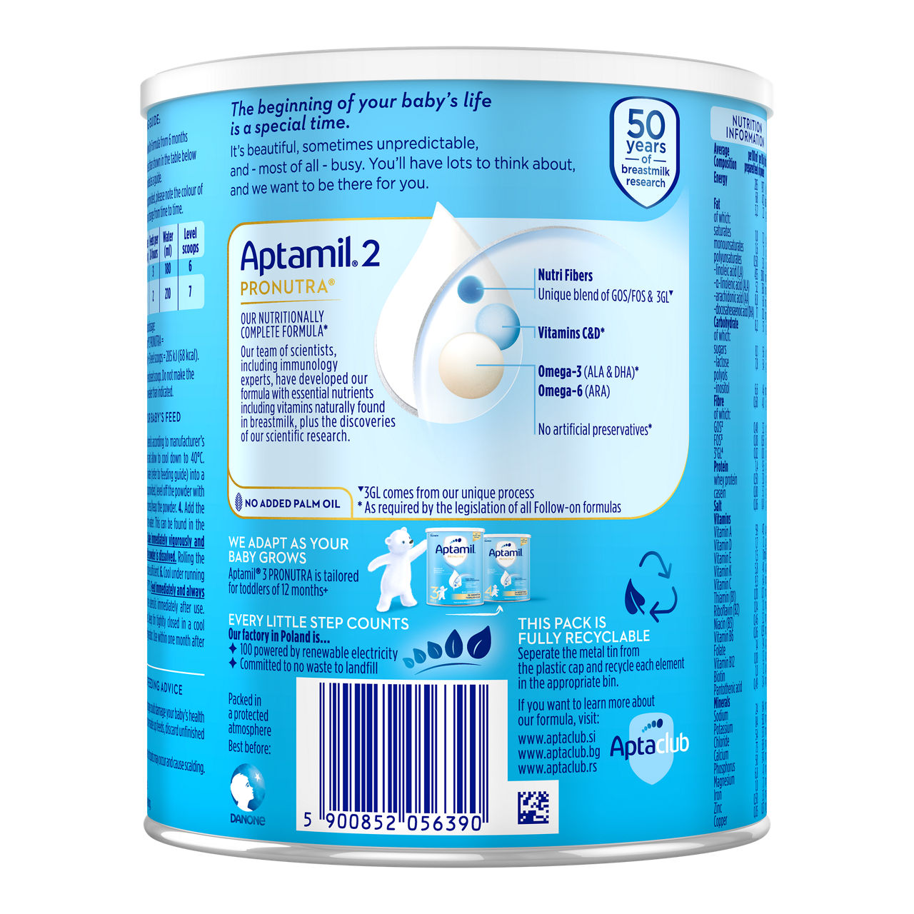 Aptamil® 2 PRONUTRA® Prelazno mleko za odojčad 400 g - zadnja strana pakovanja