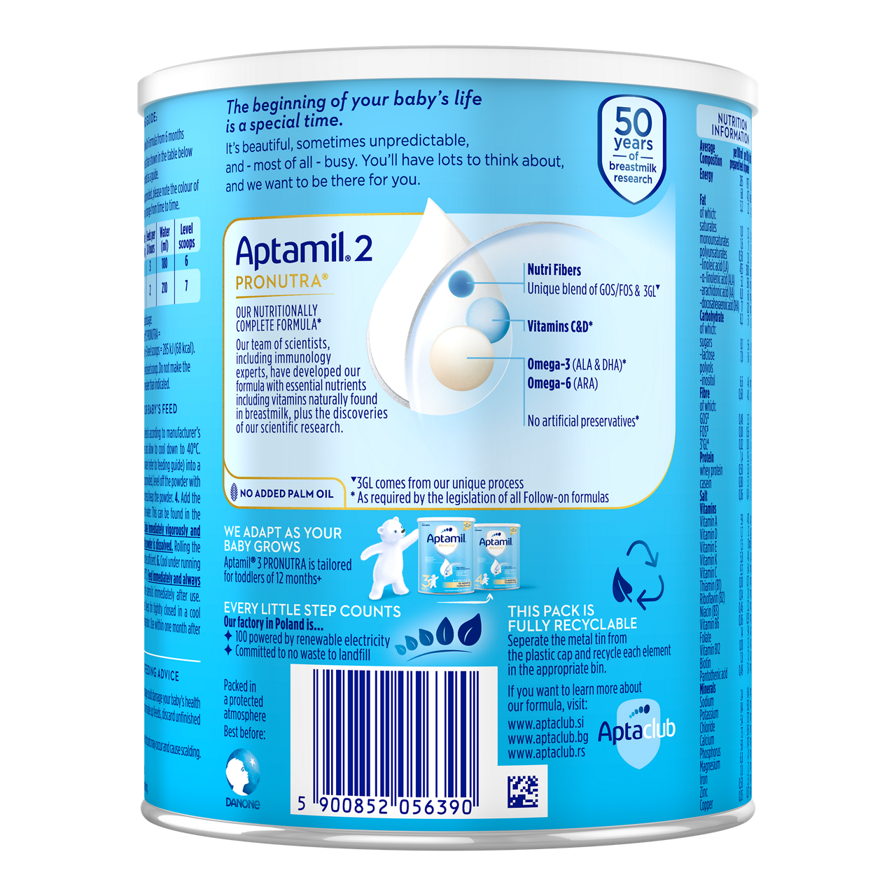 Aptamil® 2 PRONUTRA® Prelazno mleko za odojčad 400 g - zadnja strana pakovanja