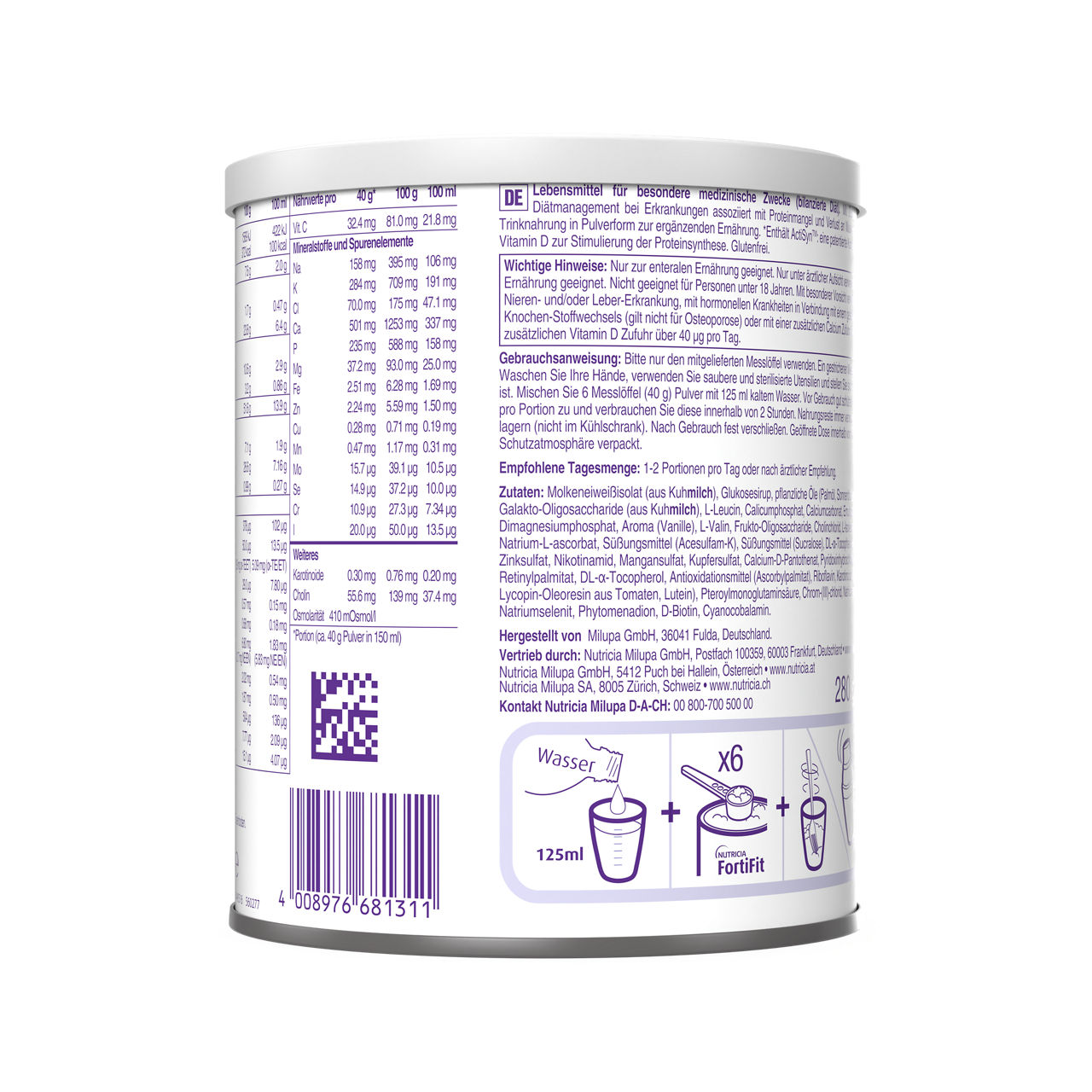 Fortifit 280 g, ukus vanile - zadnja strana pakovanja