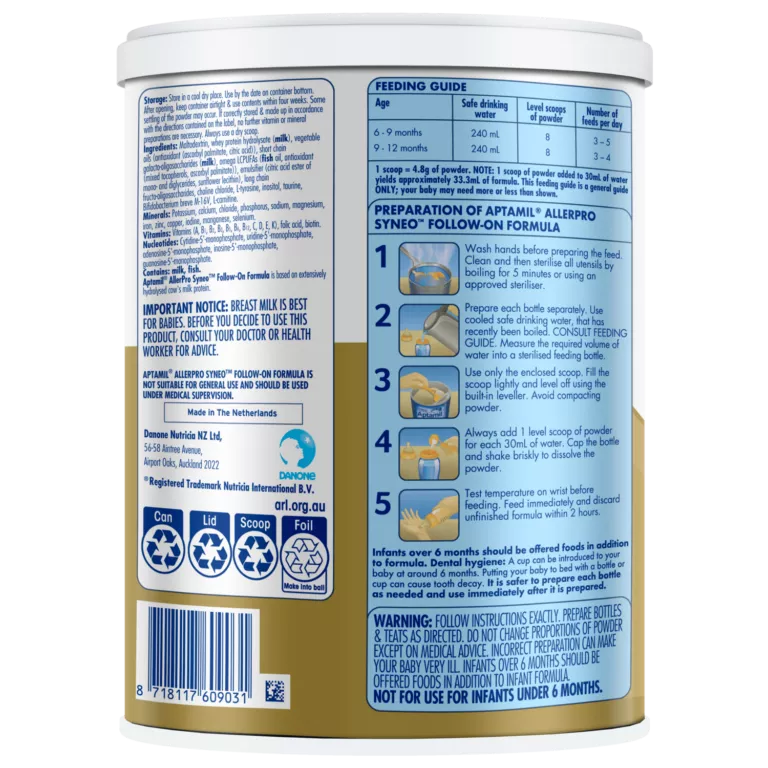 Back view of infant formula packaging displaying detailed preparation instructions and feeding guide. The setting includes clear visuals of step-by-step instructions for formula preparation. Numeric values such as '240 ml' and '6 months' are prominently visible, along with recycling symbols and certifications.