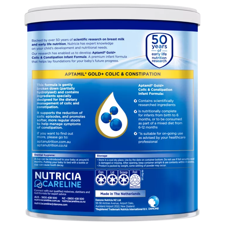 Aptamil Gold+ Colic & Constipation infant formula designed for gentle digestion and colic management. The packaging highlights scientifically researched ingredients and suitability for ongoing use. Visible text includes '50 years early life nutrition research' and 'Made in the Netherlands'.