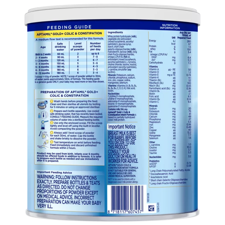 Back view of Aptamil Gold formula packaging, featuring detailed feeding guide and preparation instructions. The packaging includes nutritional information, ingredient list, and advisory notes. Visible numeric values include measurements such as '150 ml' and '100 ml'. Barcode and product details are clearly displayed.