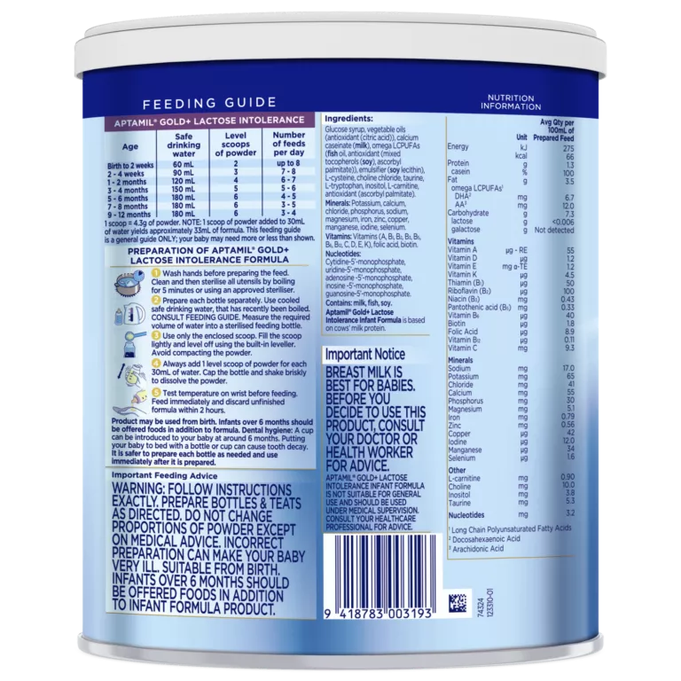 Back label of Aptamil Gold Lactose Intolerance Formula featuring detailed feeding instructions and nutritional information. The label includes preparation guidelines, ingredient list, and important notices for infant care. Visible numeric values include age-based feeding measurements and nutritional metrics.