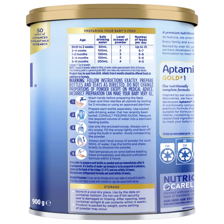 Aptamil Gold+1 premium infant formula designed for babies from birth to 6 months. The packaging highlights feeding instructions, preparation guidelines, and storage information. Visible numeric details include 900 g net weight and feeding measurements like 150 ml and 200 ml. The product is backed by 50 years of breast milk research and features a blue and gold design.