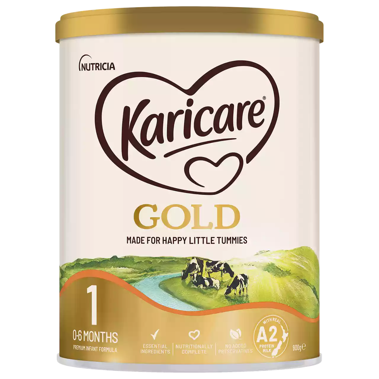 A can of Karicare Gold premium infant formula is shown, designed for babies aged 0-6 months. The packaging features a gold lid and accents, with a pastoral landscape illustration and clear product information. Visible text includes 'Karicare', 'Gold', '0-6 Months', 'A2 Protein', and '900g'. The overall style is clean and reassuring, targeting parents of infants.