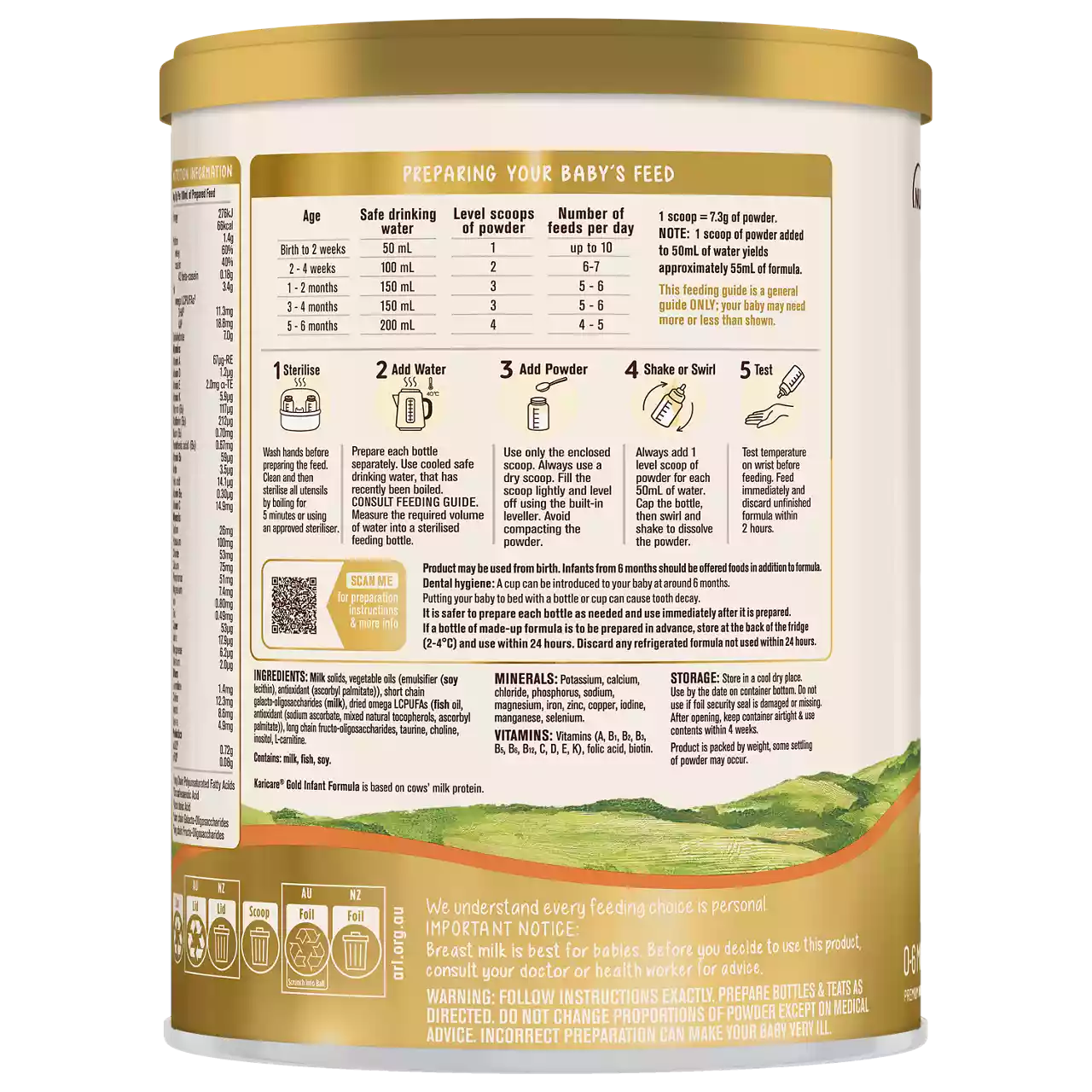 The image shows the back of an infant formula canister with detailed preparation instructions. The label includes feeding guidelines by age, water and powder measurements, and step-by-step mixing directions. Visible numbers include measurements such as 120 ml, 150 ml, 180 ml, and 210 ml, as well as scoop counts. The design features a gold lid and a landscape illustration at the bottom.