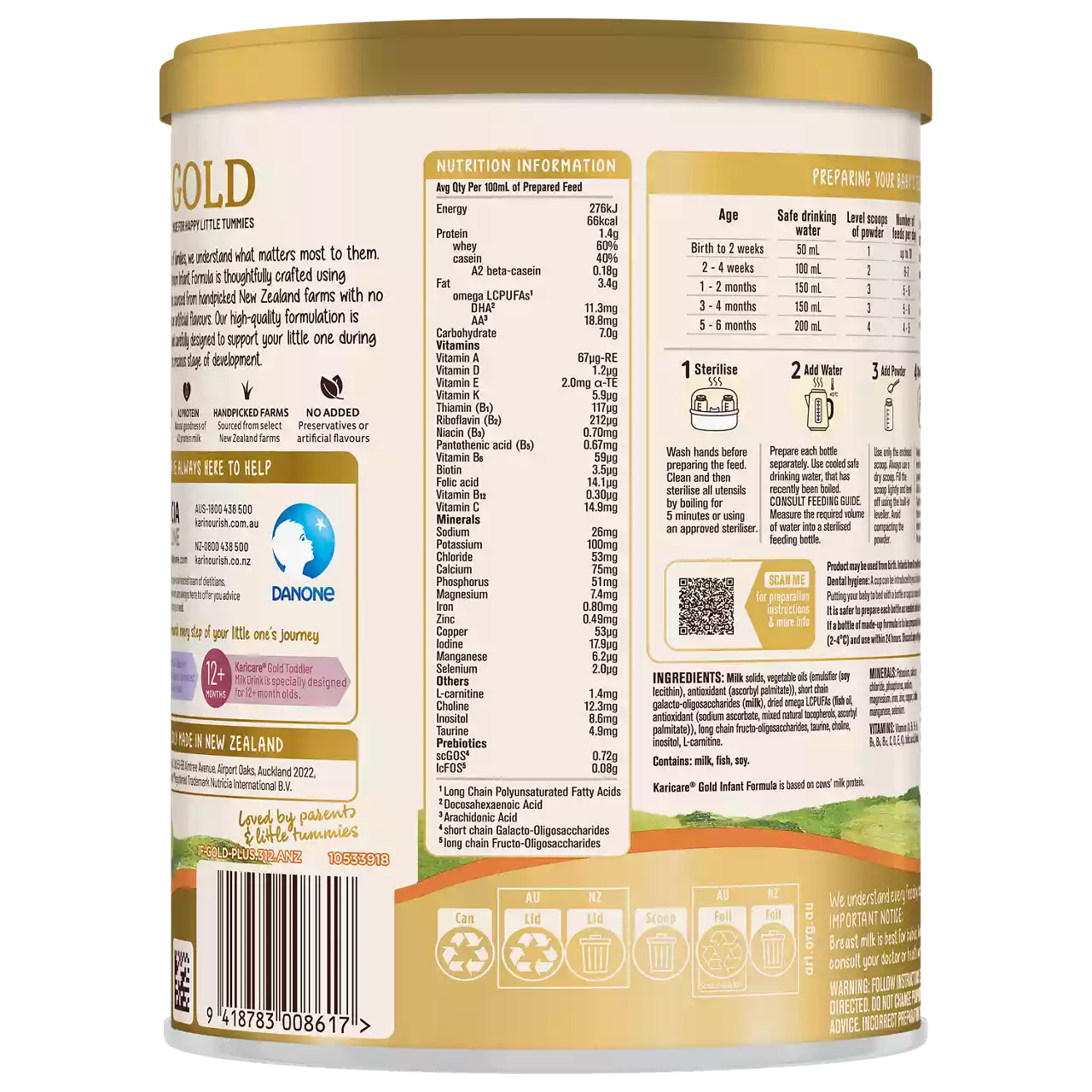 A cylindrical can of infant formula is shown with detailed nutrition information, preparation instructions, and visible icons on the back label. The can features a gold lid and a landscape illustration at the bottom. Numeric values such as '800 g' and '2 months', '3 months', '4 months', and '5 months' are clearly visible in the instructions and nutrition table. The Danone name is unmistakably present on the label.