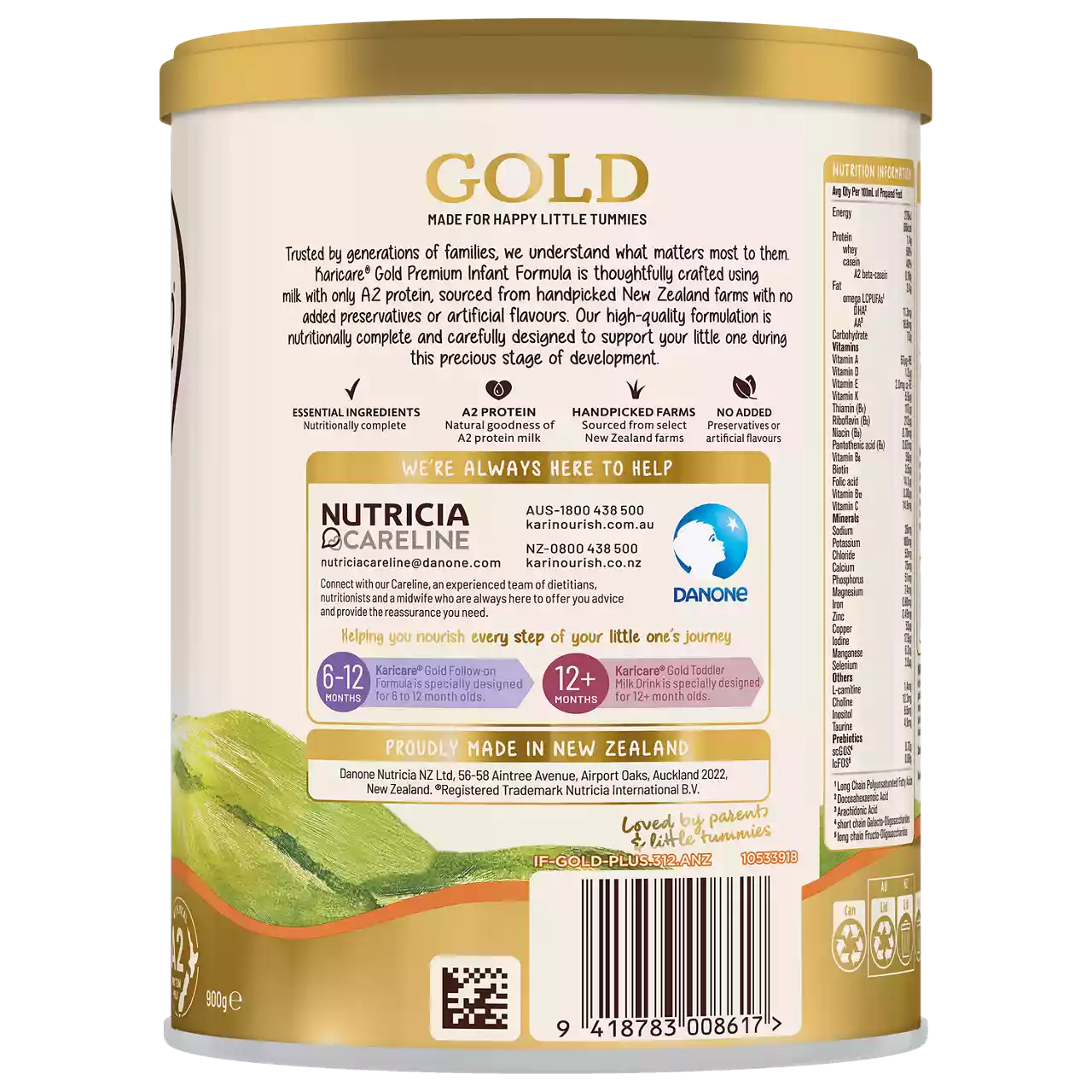 This image shows the back of an Aptamil Gold infant formula can, highlighting detailed nutritional information and support contact details. The can features a gold lid and a scenic illustration of green hills at the bottom. Key visuals include the Nutricia Careline section, Danone logo, and clear age indicators for 6-12 months and 12+ months. The text emphasizes the product's New Zealand origin and A2 protein content.