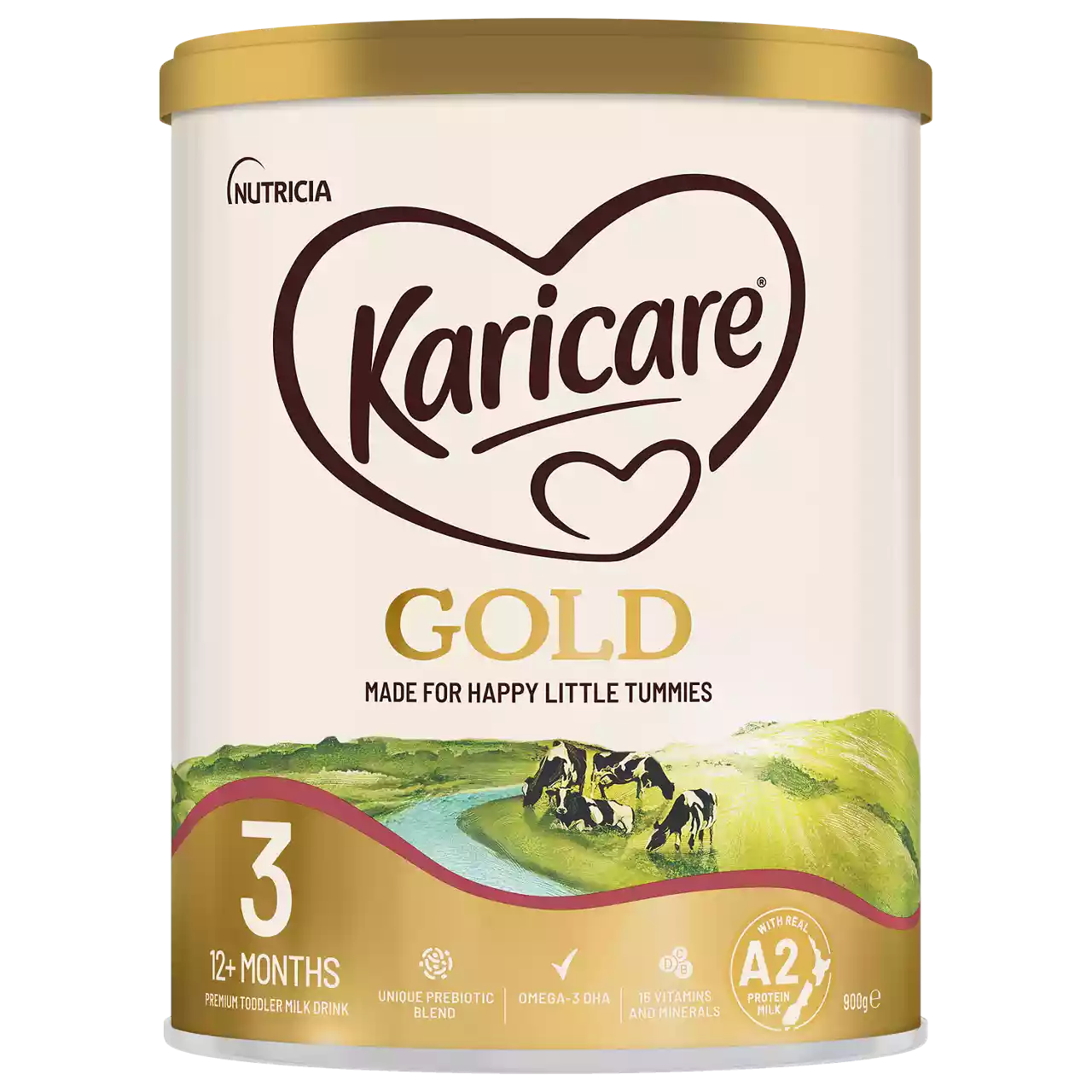 Karicare Gold Stage 3 toddler milk formula is featured in a cylindrical tin with a gold lid. The product is intended for children aged 12 months and older, as indicated by the '3' and '12+ months' text. The visuals include a pastoral landscape illustration and clear product information such as '900g' and 'A2 protein'. The tin highlights nutritional benefits and is designed for easy identification.