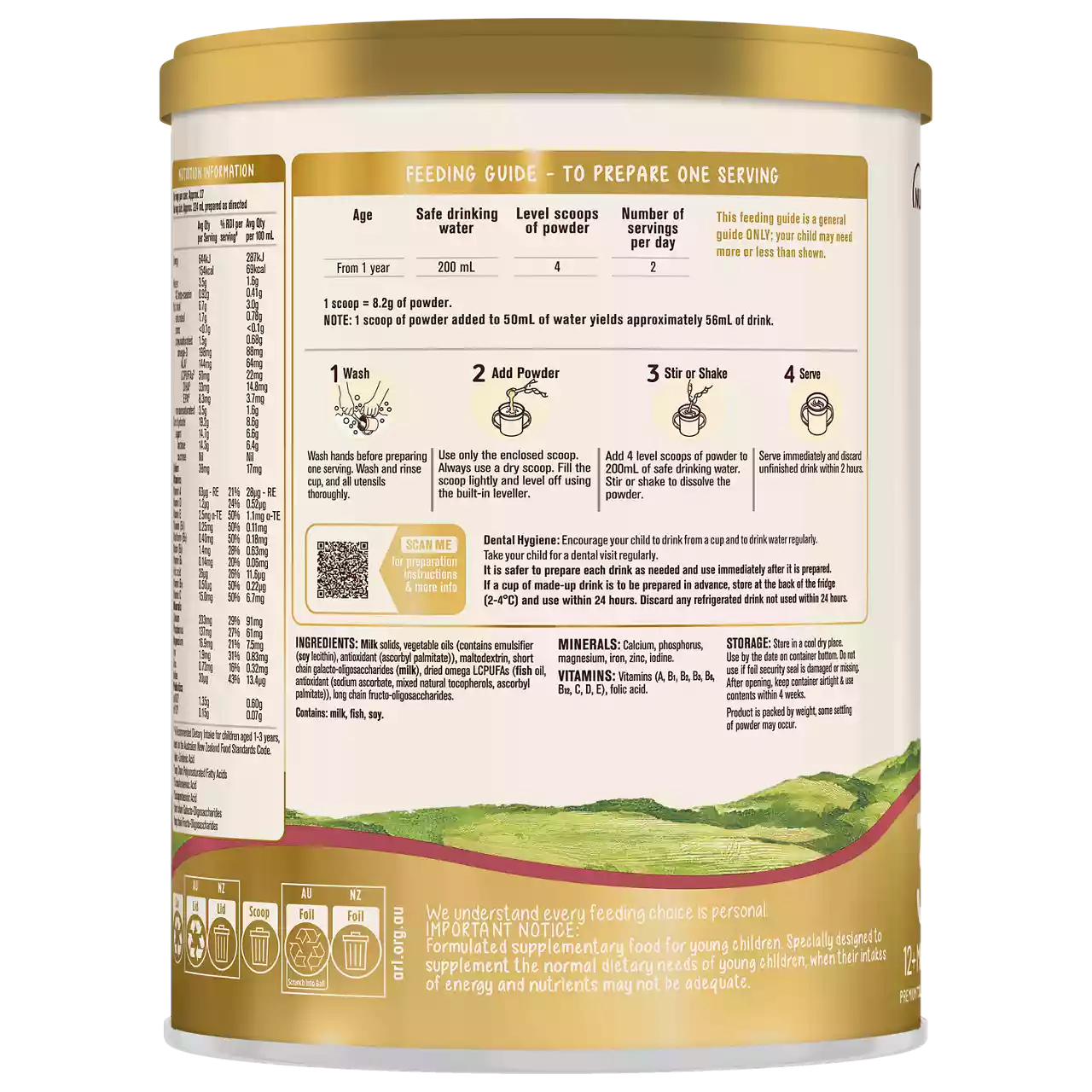 A cylindrical tin of infant formula is shown, featuring a detailed feeding guide and preparation instructions on the back. The visuals include step-by-step icons for washing, adding powder, shaking, and feeding, as well as a table with age, water volume, and scoop measurements. Numeric values such as '200 ml', '50 ml', and '1 scoop' are clearly visible. The tin is set against a neutral background with a landscape illustration at the bottom.