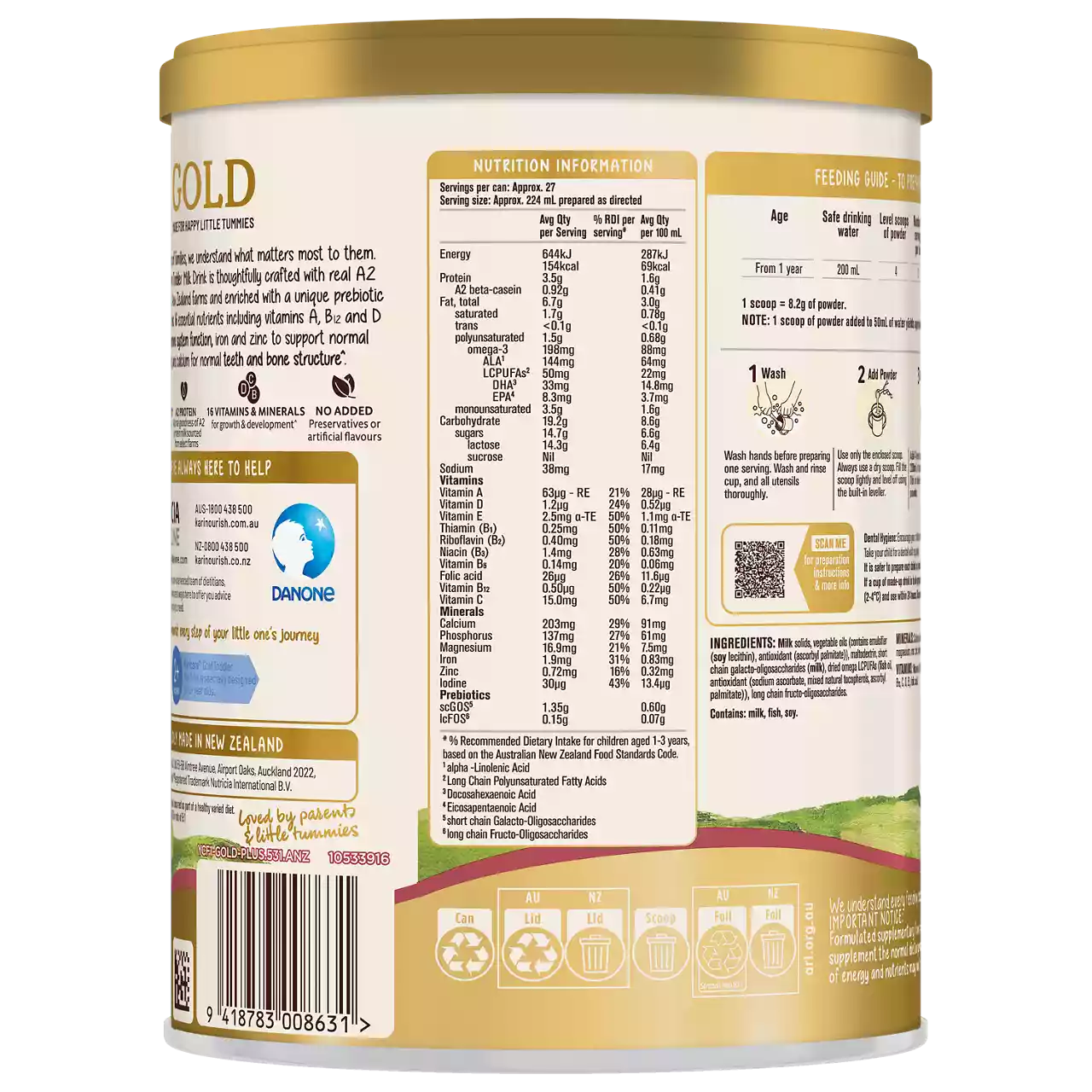 The image shows the back of a Danone Aptamil Gold infant formula can, featuring detailed nutritional information and feeding guidelines. The setting is a product shot with clear visuals of the label, including a barcode and icons for recycling and disposal. Numeric values such as '900 g' and various nutritional metrics are visible. The color palette is gold and white, giving a clean and informative style.