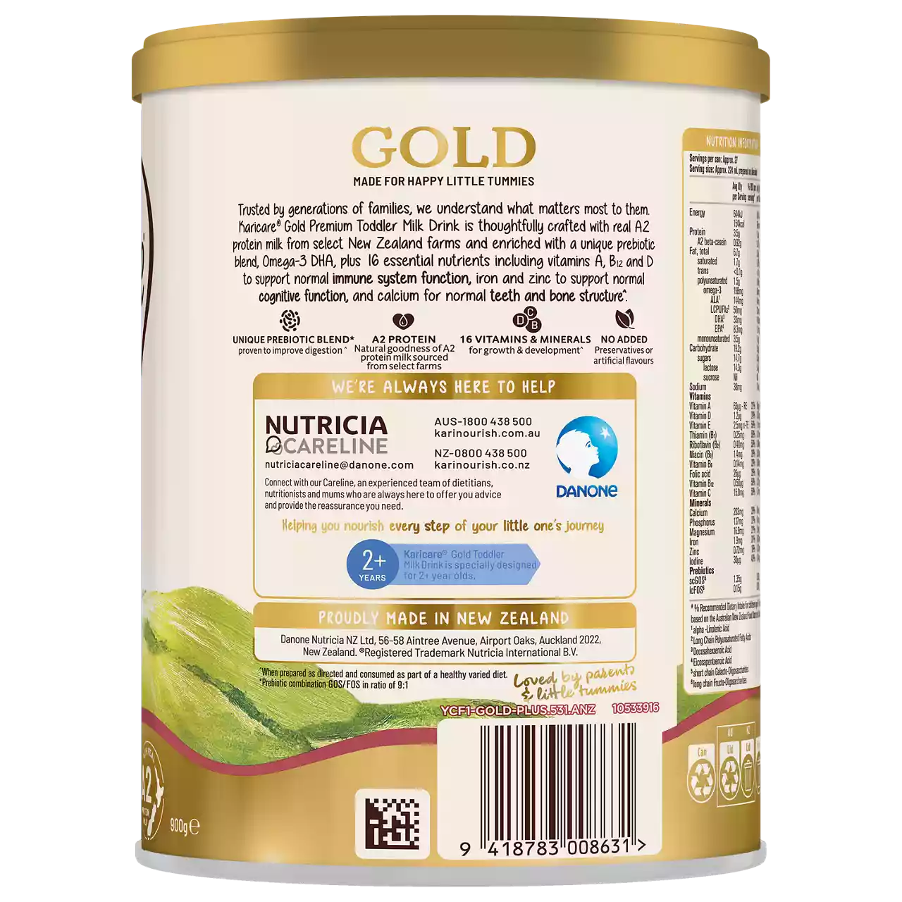 A cylindrical tin labeled 'Gold' toddler milk formula is shown, featuring a scenic illustration of green hills. The product highlights nutritional benefits and is made in New Zealand, as stated on the packaging. Visible text includes '500g', '2+ years', and contact information for Nutricia Careline. The Danone logo is clearly displayed, emphasizing the brand association.