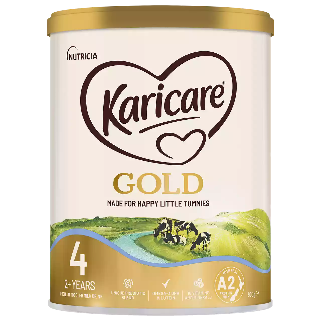 The image shows a canister of Karicare Gold toddler milk formula, clearly labeled for children aged 2 years and older. The product is set against a soft, illustrated landscape with green hills and cows, suggesting natural ingredients. Key visuals include the prominent Karicare heart logo, gold accents, and visible text such as '4', '2+ YEARS', 'A2 Protein', and '900g'. The overall mood is gentle and nurturing, with a pastel palette.