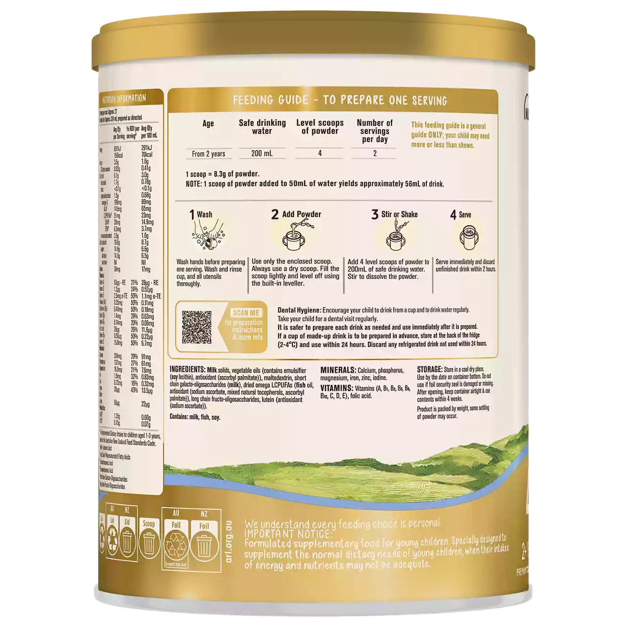 A cylindrical can of infant formula is shown, featuring a detailed feeding guide and preparation instructions on the label. The label includes tables for age, water volume, scoops of powder, and number of feeds, as well as illustrated steps for preparation. Visible text includes numeric values such as 200 ml, 50 ml, and 1 scoop, along with ingredient and nutritional information. The design uses soft earth tones and a landscape illustration at the bottom.