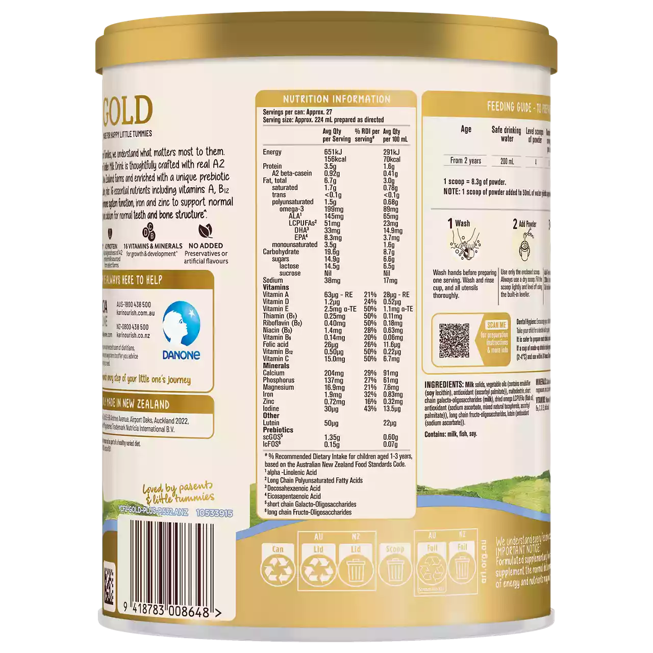 Aptamil Gold infant formula canister featuring detailed nutritional information and feeding guide. The label displays values such as 900 g, 120 ml, and 15 g, along with ingredient lists and preparation instructions. The setting is a product shot with a gold and white palette, showing clear text and icons. The Danone logo is visible, emphasizing authenticity and product origin.