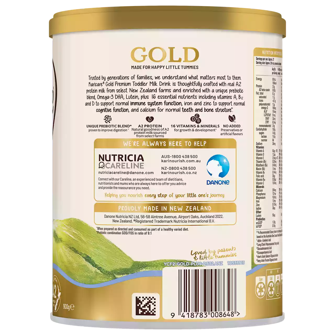 A cylindrical can labeled 'Gold' toddler milk powder is shown, featuring detailed product information and a New Zealand landscape illustration. The back of the can displays support contact details, nutritional highlights, and a barcode with the number 9418783006848. The design uses gold and green tones, evoking a premium and natural feel. The text emphasizes the product's origin and nutritional benefits for young children.