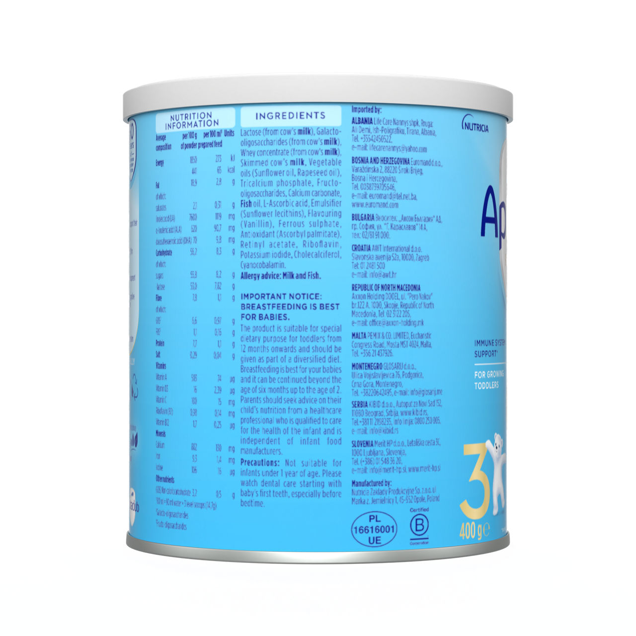 Aptamil® 3 PRONUTRA® prah za pripremu mlečnog napitka za malu decu od 12 do 24 meseca 400 g - desna strana pakovanja