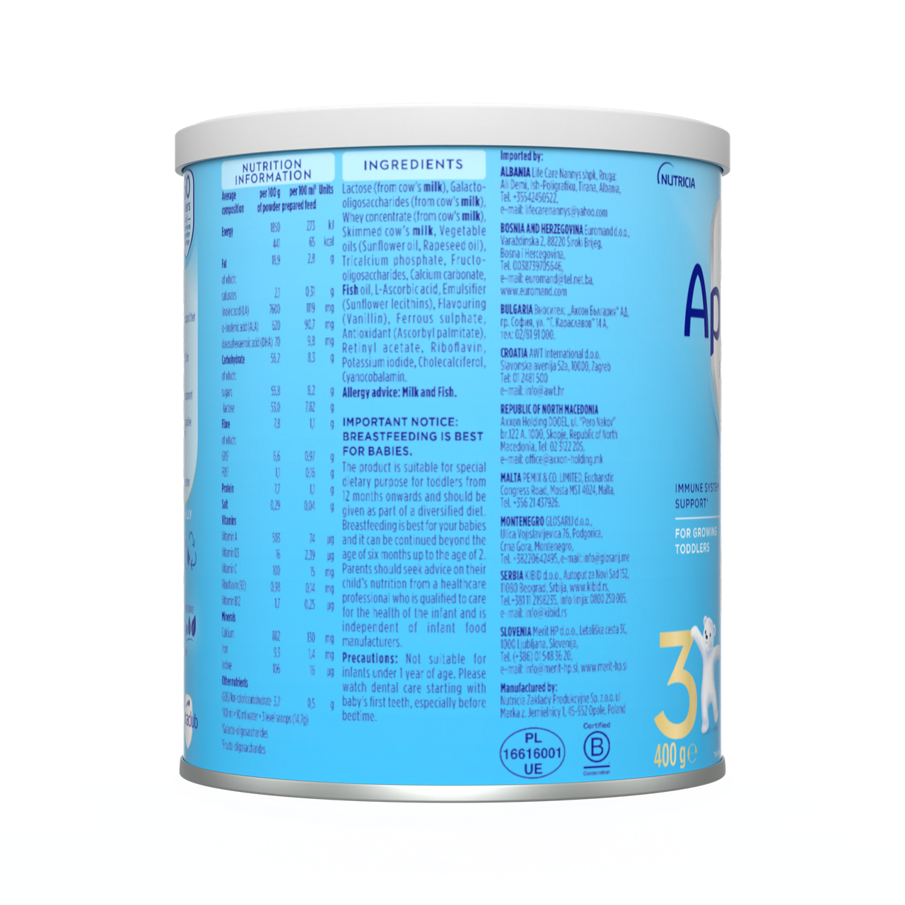 Aptamil® 3 PRONUTRA® prah za pripremu mlečnog napitka za malu decu od 12 do 24 meseca 400 g - desna strana pakovanja