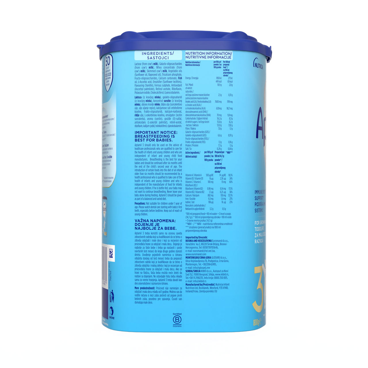 Aptamil® 3 PRONUTRA® prah za pripremnu mlečnog napitka za malu decu od 12-24 meseca 800 g - desna strana pakovanja
