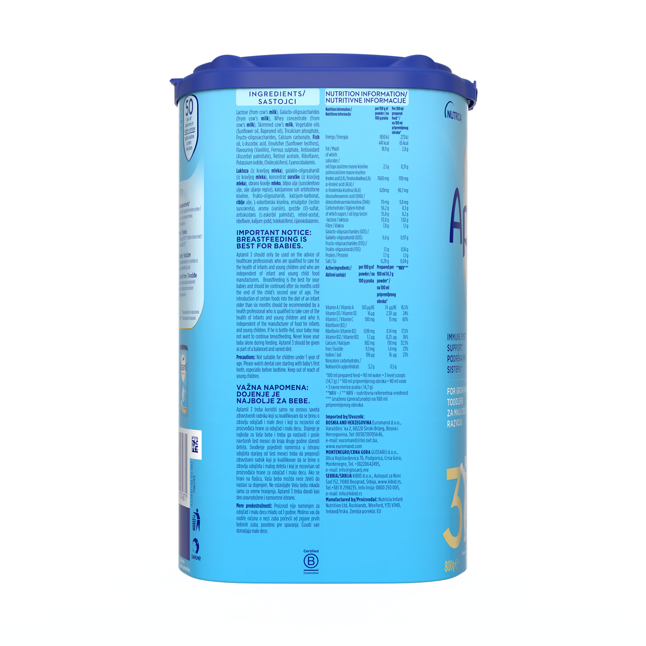 Aptamil® 3 PRONUTRA® prah za pripremnu mlečnog napitka za malu decu od 12-24 meseca 800 g - desna strana pakovanja