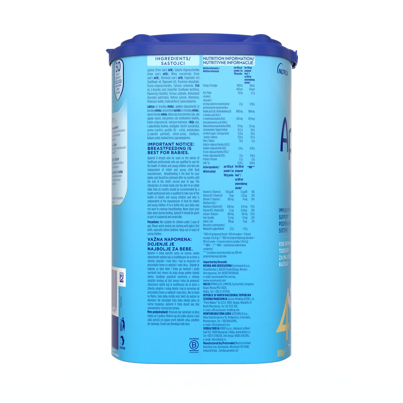 Aptamil® 4 PRONUTRA® prah za pripremnu mlečnog napitka za malu decu od 24-36 meseci 800 g - desna strana pakovanja