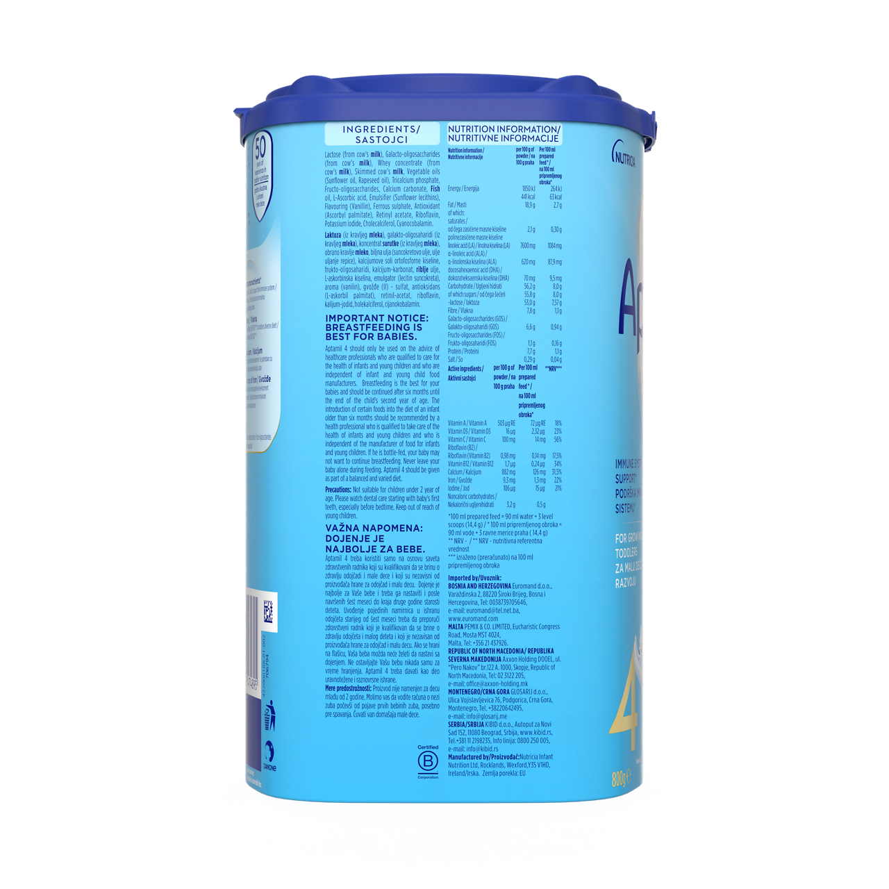 Aptamil® 4 PRONUTRA® prah za pripremnu mlečnog napitka za malu decu od 24-36 meseci 800 g - desna strana pakovanja