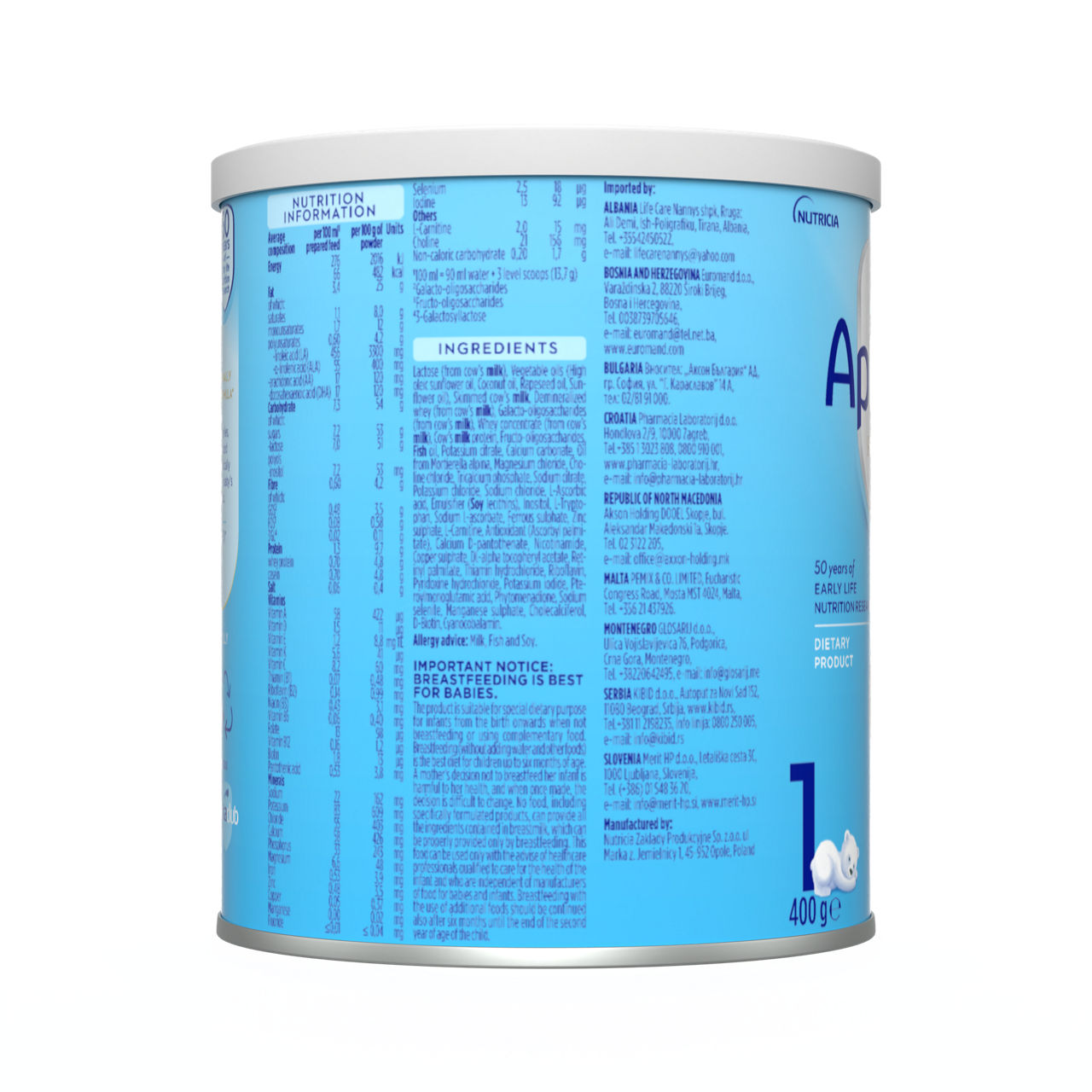 Aptamil® 1 PRONUTRA® Početno mleko za odojčad 400 g - desna strana pakovanja