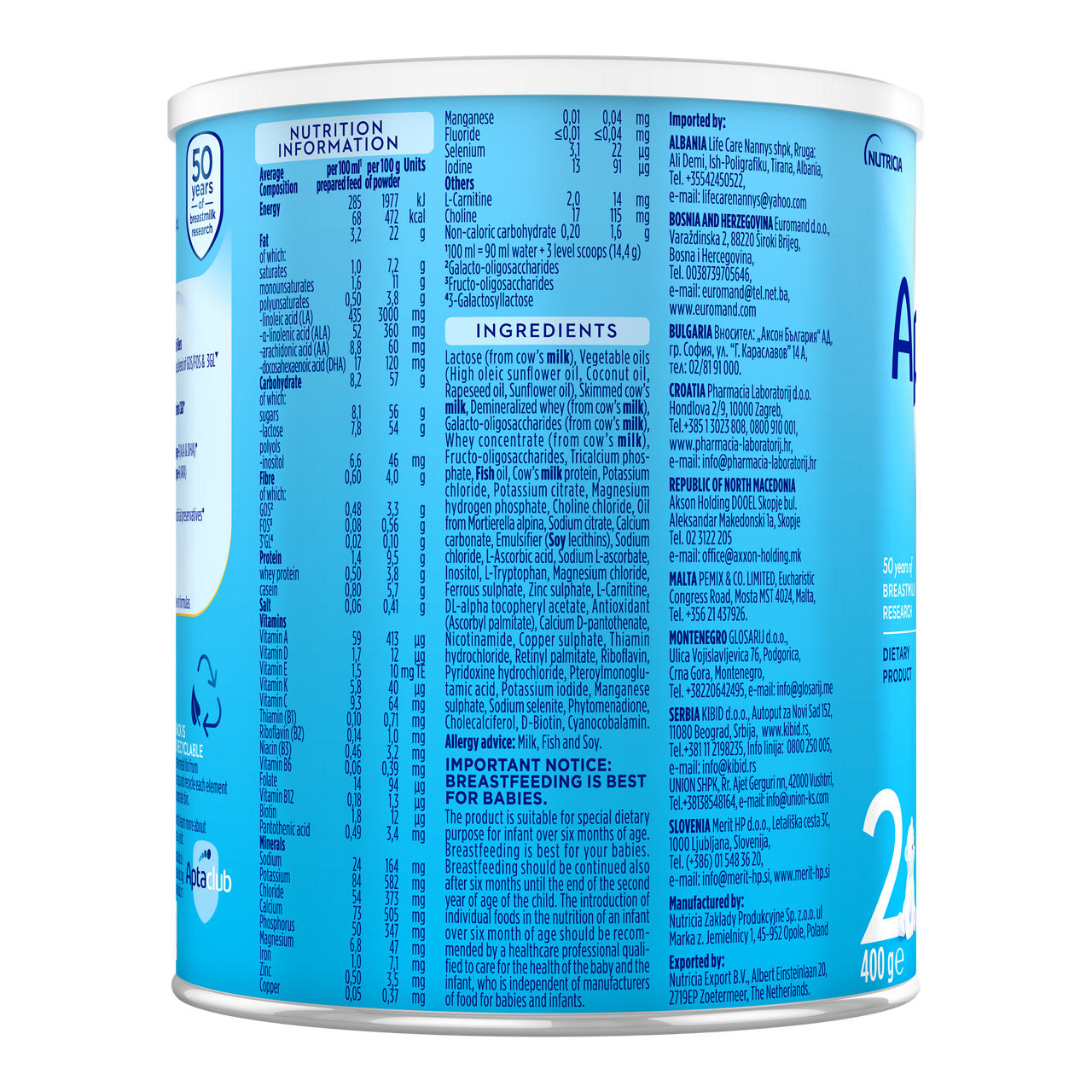 Aptamil® 2 PRONUTRA® Prelazno mleko za odojčad 400 g - desna strana pakovanja