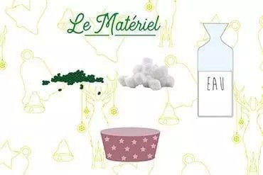 Illustration explicative presentant le materiel necessaire pour un projet de bricolage. L'image comprend des perles vertes, des morceaux de sucre, une bouteille etiquetee � Eau � et un bol rose avec des motifs en forme d'etoiles. Le texte � Le Materiel � est affiche en evidence en haut, indiquant le materiel necessaire.