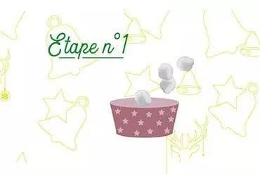 Une tasse decorative avec un motif d'etoiles roses est representee avec des morceaux de sucre flottant au-dessus. L'arriere-plan presente des formes festives esquissees, notamment des cloches et des etoiles, dans une teinte vert clair. Le texte � etape n� 1 � est affiche en evidence en caracteres cursifs verts.