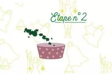 Une image illustree representant un bol rose a motifs etoiles, entoure d'herbes vertes qui y sont saupoudrees. L'arriere-plan comprend des elements visuels discrets sur le theme des fetes, tels que des cloches et des etoiles. Le texte � Etape n�2 � est affiche en evidence en caracteres cursifs verts.