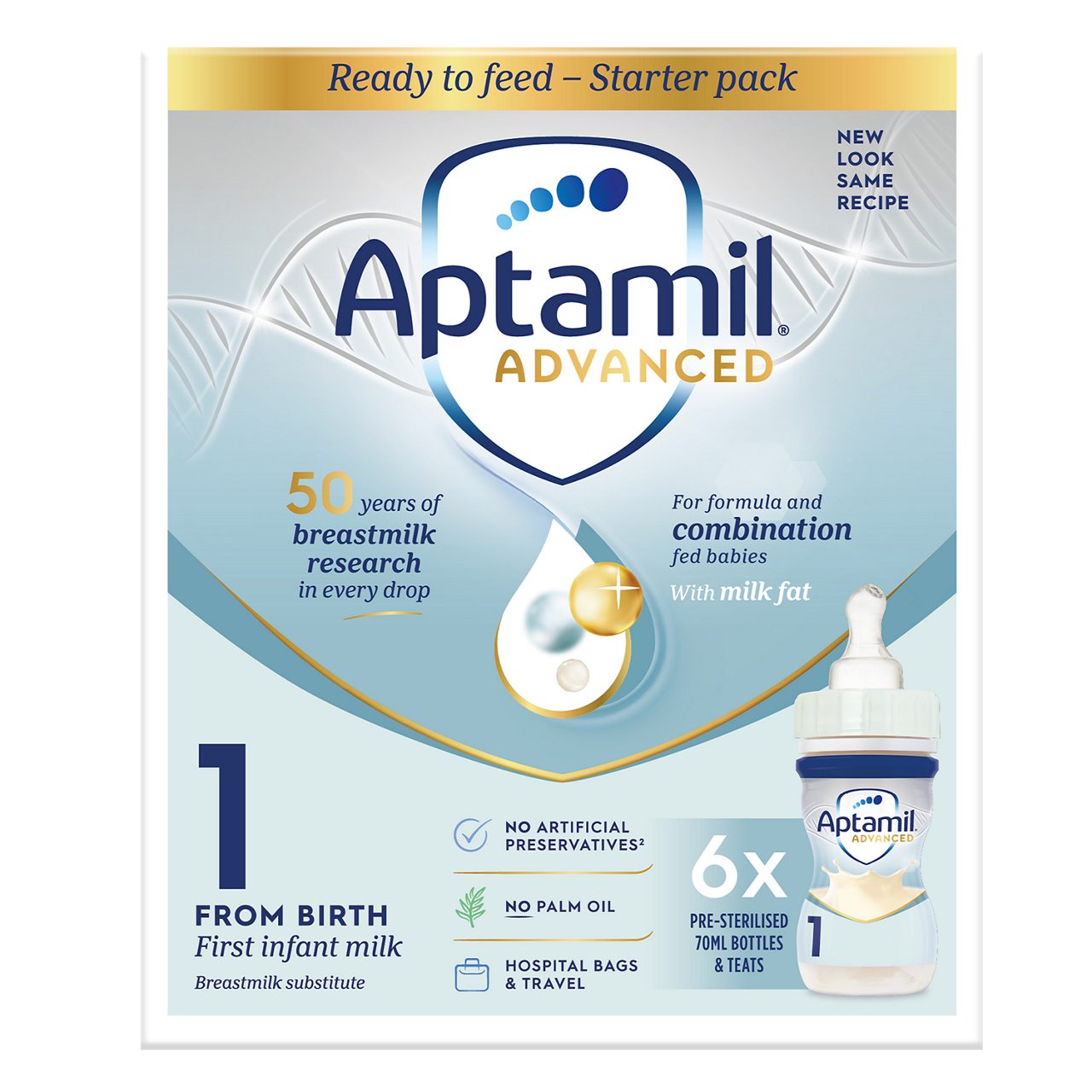 Aptamil Advanced 1 First Infant Baby Milk Liquid Formula Starter Pack, Ready to Feed,From Birth, 6x70 ml