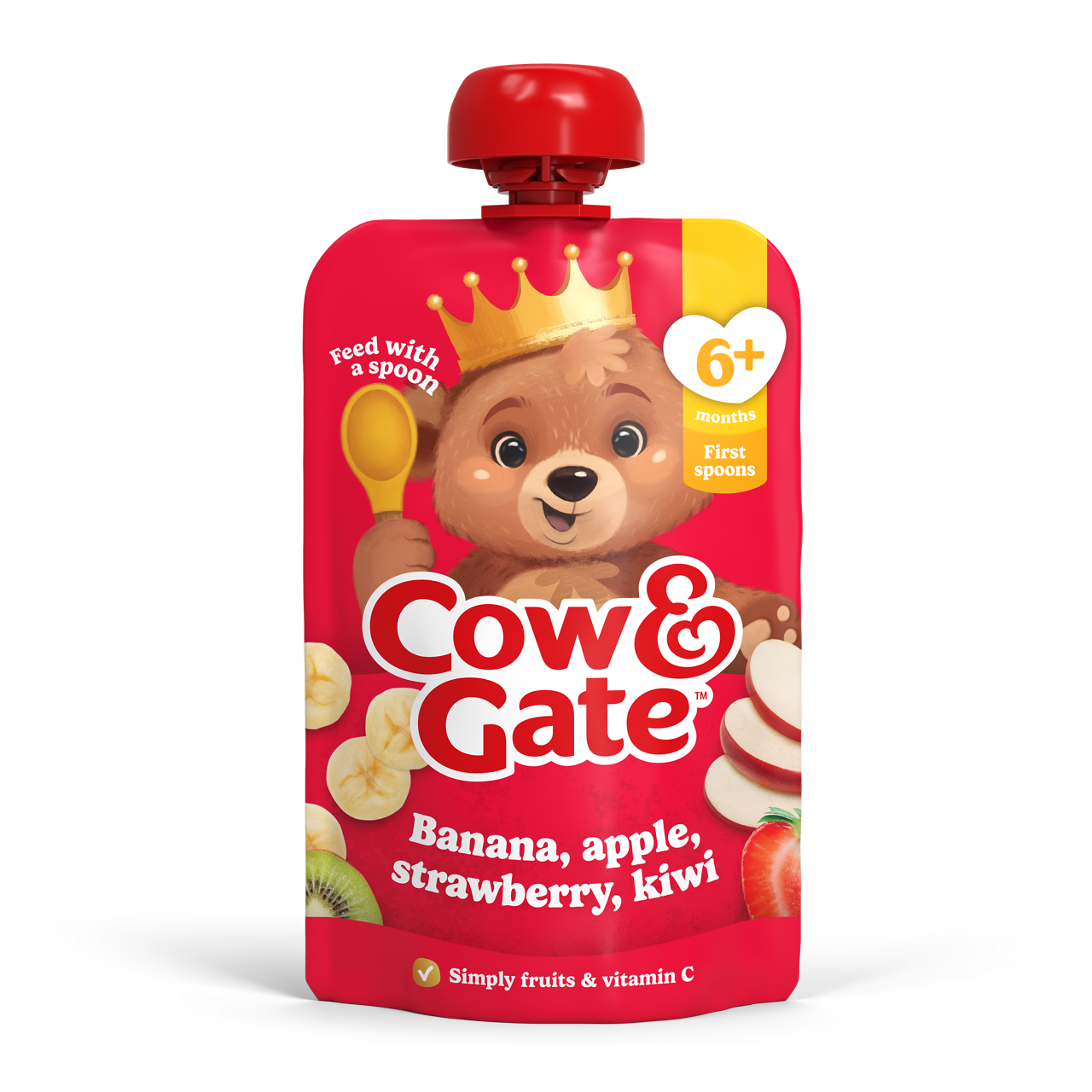 Cow & Gate Fruit Pouch Banana Apple Strawberry & Kiwi Baby Food Snack, 6+ Months, 100g