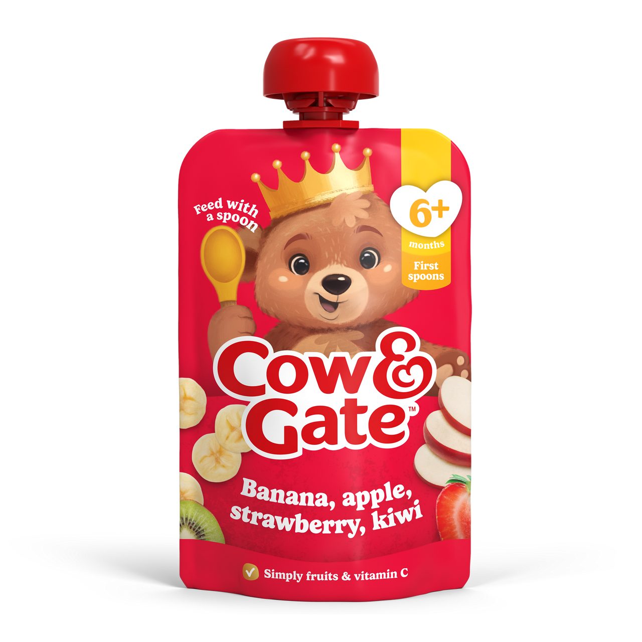 Cow & Gate Fruit Pouch Banana Apple Strawberry & Kiwi Baby Food Snack, 6+ Months, 100g