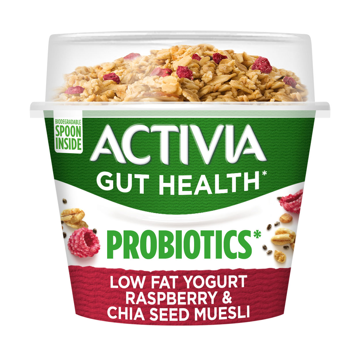 Activia Probiotics Low Fat Raspberry & Chia Seed Muesli Secondary Packshot