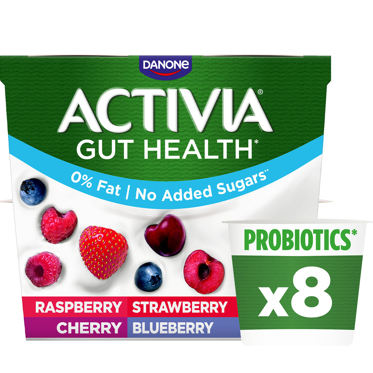 Activia 0% Fat Raspberry, Cherry, Strawberry, Blueberry Secondary Packshot