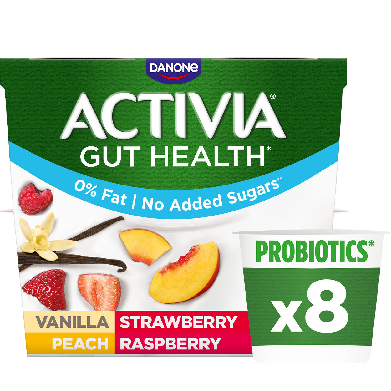 Activia 0% Vanilla Peach Strawberry Raspberry Secondary Packshot