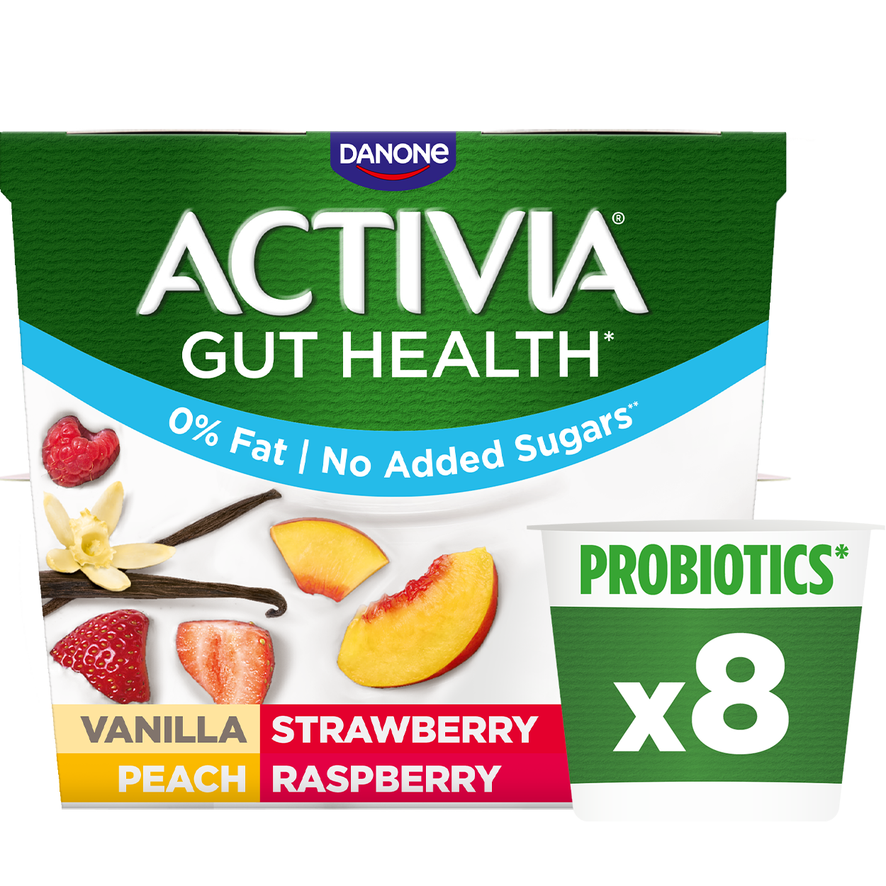 Activia 0% Vanilla Peach Strawberry Raspberry Secondary Packshot