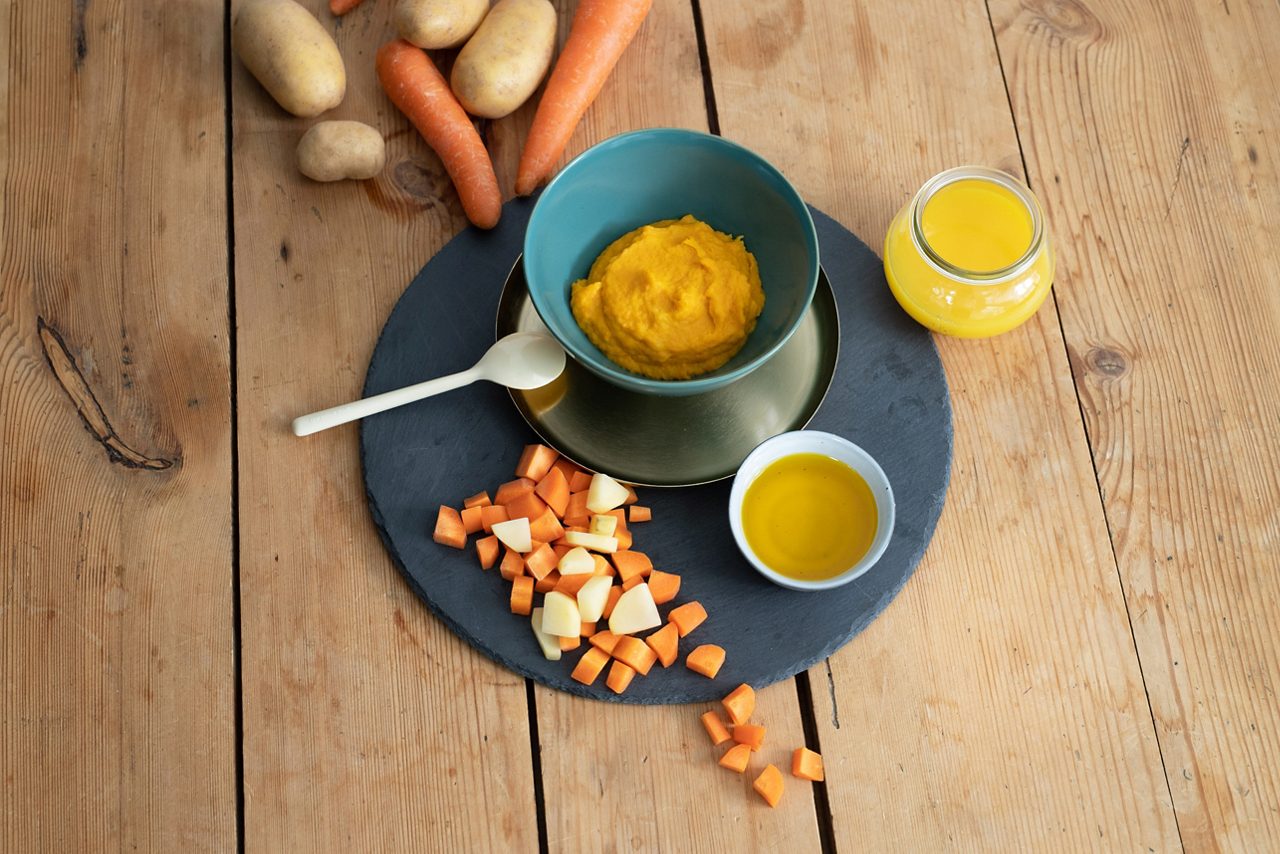 Brei Karotten Kartoffel Rindfleisch Rapsöl Orangensaft Rezept Baby 6-12 Monate