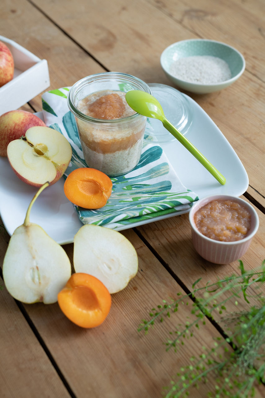 Brei Obst Früchte Getreide Wasser Rapsöl Rezept Baby 6-12 Monate