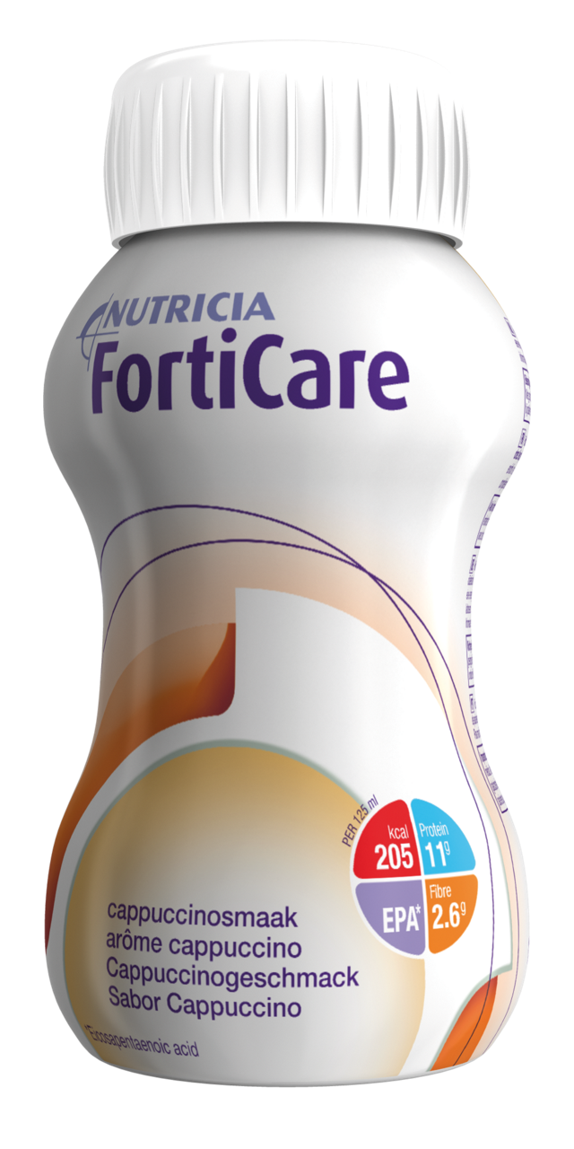 Flasche Danone Nutricia FortiCare Cappuccino mit Nährwertangaben 205 kcal, 11,9 g Protein und 2,6 g Ballaststoffen.