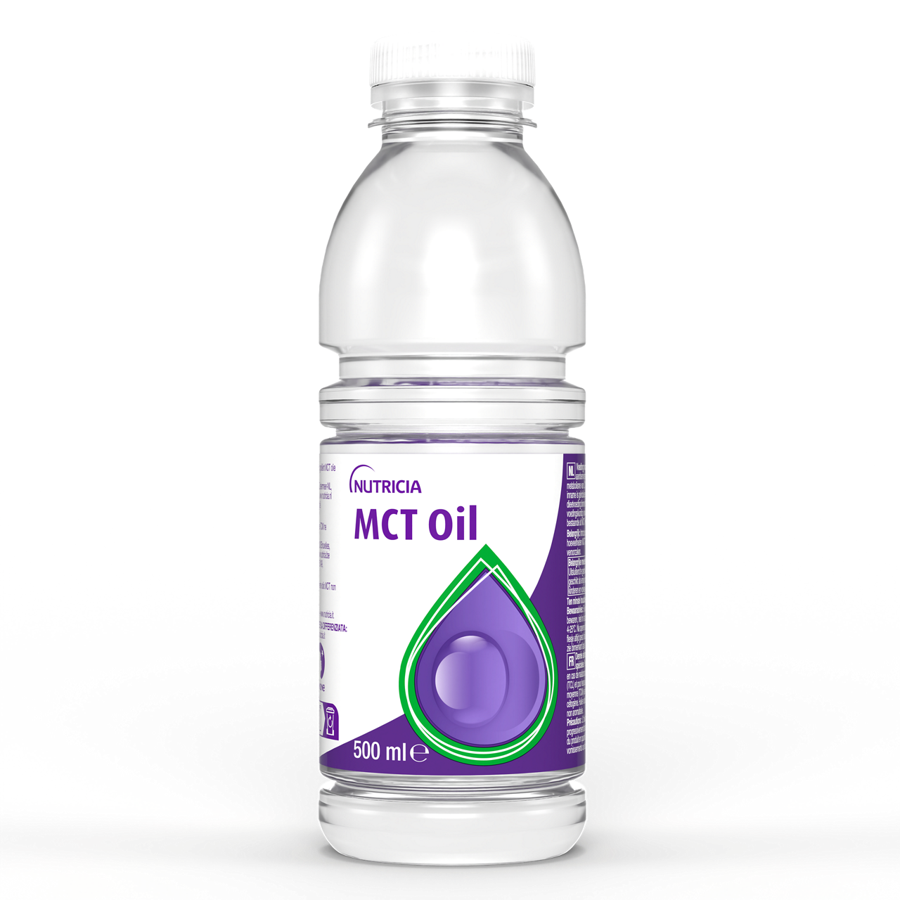 Nutricia MCT Oil 500 ml – prehransko dopolnilo na osnovi srednjeverižnih trigliceridov (MCT) iz kokosovega in/ali palminega olja, namenjeno prehranskemu upravljanju pri motnjah absorpcije maščob ali kot del ketogene diete; uporaba pod zdravniškim nadzorom.