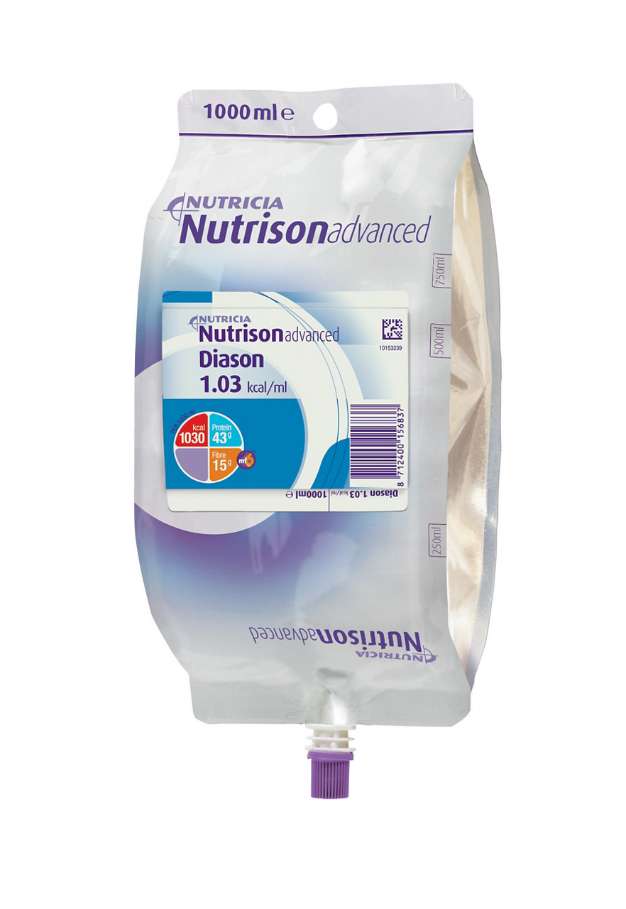 Nutricia Nutrison Advanced Diason 1.0L Pack – medicinski pripomoček za enteralno hranjenje z nizkim glikemičnim indeksom (GI = 37), vsebuje 15 g vlakninske mešanice MF6# na 1000 ml, 100 % rastlinskih beljakovin iz soje, obogaten z antioksidanti in esencialnimi vitamini ter minerali, primeren za bolnike z motnjami presnove ogljikovih hidratov
