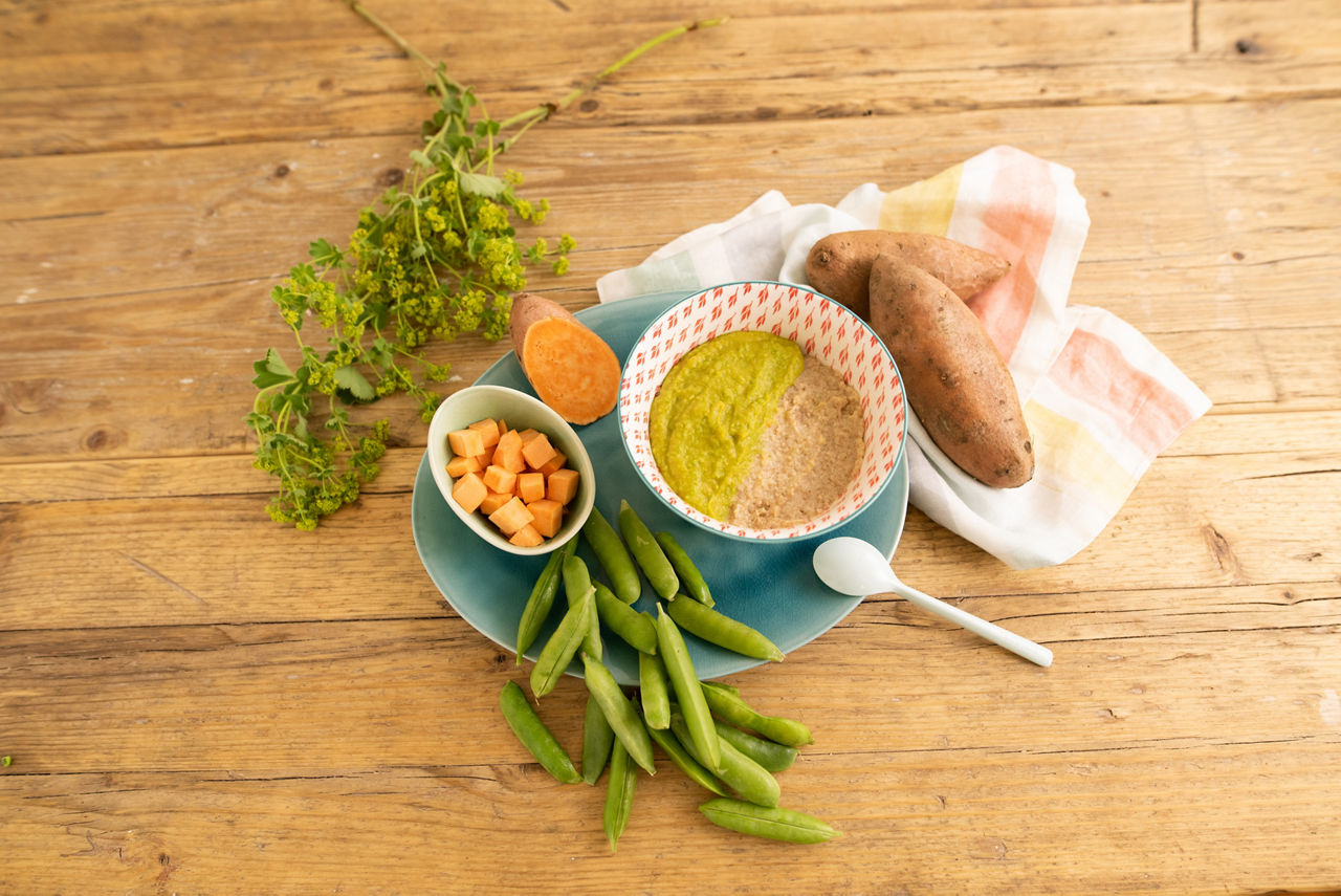 Topping Suesskartoffel Erbsen Rapsöl Rezept Brei Baby 6-12 Monate