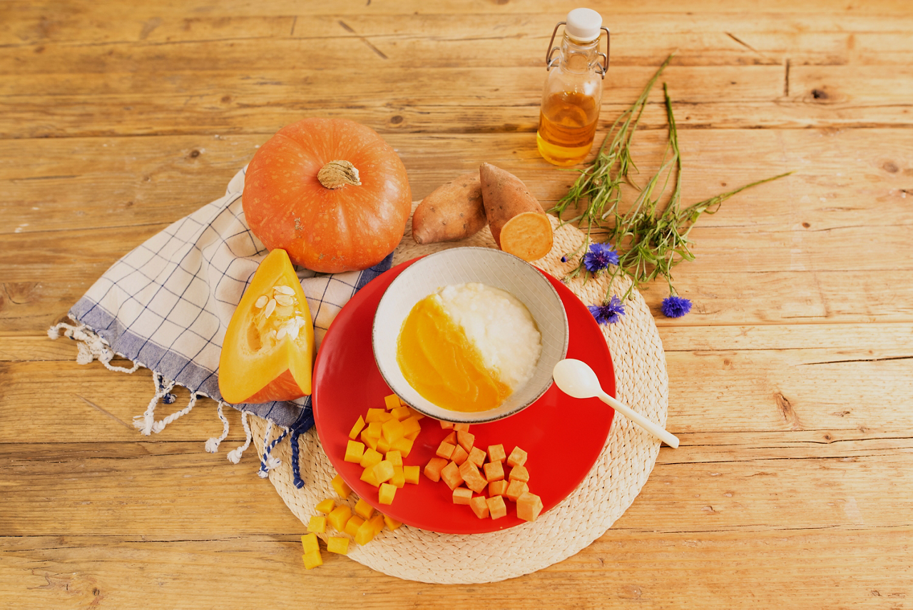 Topping Suesskartoffel Kürbis Rapsöl Rezept Brei Baby 6-12 Monate